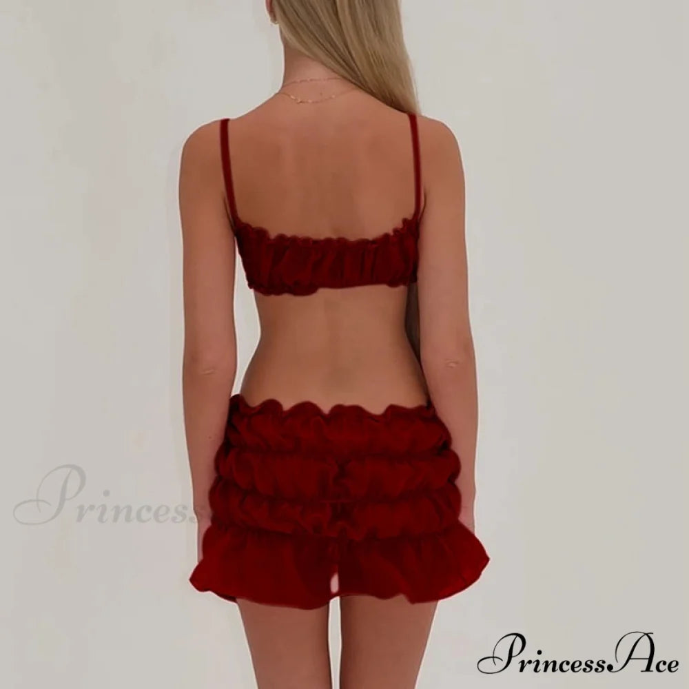 Enchanting 2 Piece Skirts Ensembles Frills Spaghetti Strap Cami Crop Tops + Ruched Mini Pencil Skirt Women Y2K Vintage