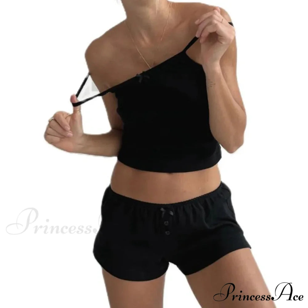 Enchanting Comfy 2 Piece Pajama Set 00s Vintage Cute Bow Sleeveless Camis Crop Tops + Shorts Y2K Women Sleepwear