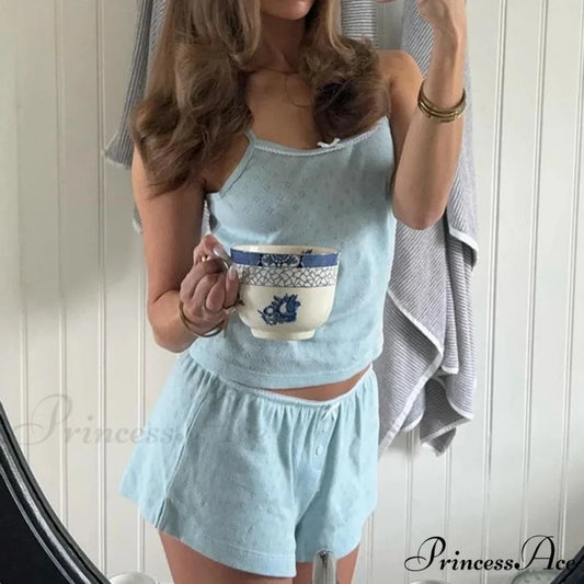 Enchanting Comfy 2 Piece Pajama Set 00s Vintage Cute Bow Sleeveless Camis Crop Tops + Shorts Y2K Women Sleepwear
