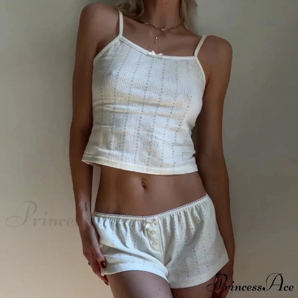 Enchanting Comfy 2 Piece Pajama Set 00s Vintage Cute Bow Sleeveless Camis Crop Tops + Shorts Y2K Women Sleepwear
