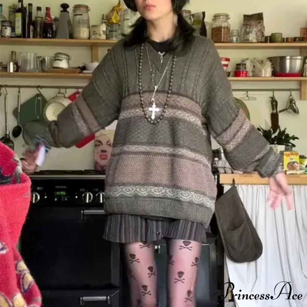 Enchantingcore Grunge Banded Pattern Sweater swraters-241228