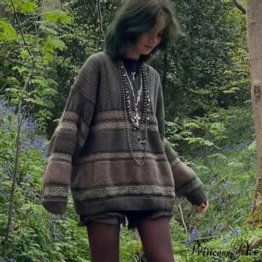 Enchantingcore Grunge Banded Pattern Sweater swraters-241228