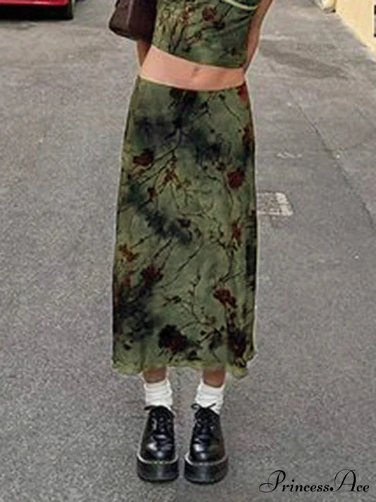 Enchantingcore Grunge Floral Printed Midi Skirt Y2K Retro Skirt skirt-250126