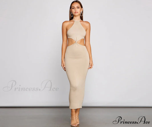 Endless Summer Stylish Halter Cutout Dress TAUPE / S