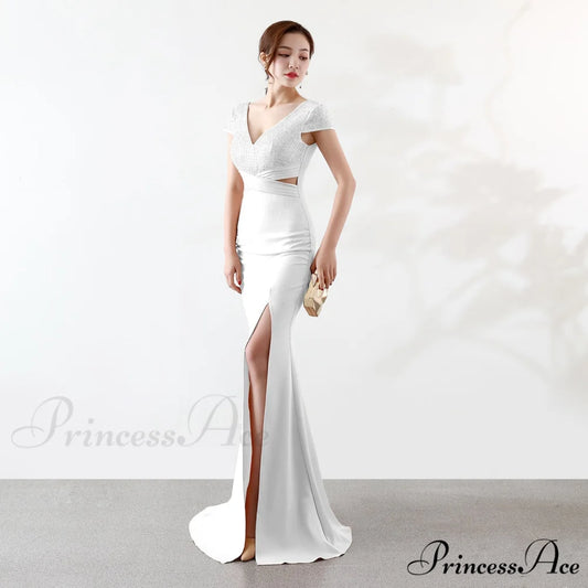 Eremi slim fit Charming long fishtail dress WHITE / XS
