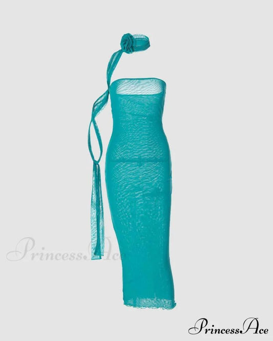 Esadora Flora Neckpiece Charming Maxi Tube Dress Blue / XS