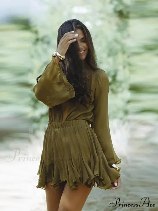 Esmeralda Balloon Sleeve Charming Ruffled Mini Dress Green / S