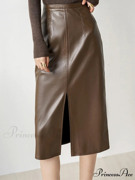 Eternity Nightshade Graceful PU Leather Skirt Brown / XS