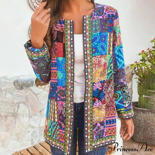 Ethnic Floral Print Long Sleeve Loose Coat Cardigan Chic Outerwear Blue / L
