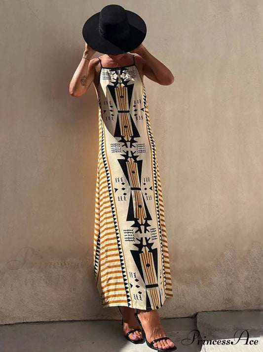 Ethnic Print Backless Charming A-line Maxi Dress Yellow / S