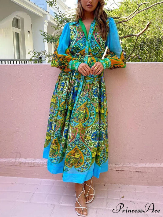 Ethnic Print Cardigan Charming Lace-Up Lapel Long-Sleeved Dress Multicolor / M