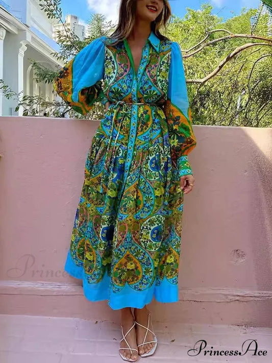 Ethnic Print Cardigan Charming Lace-Up Lapel Long-Sleeved Dress Multicolor / S