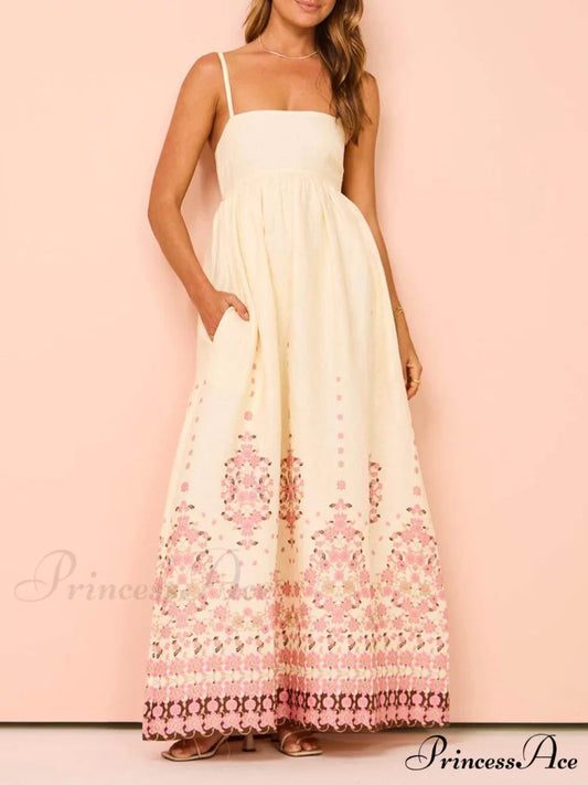 Ethnic Print Halter Charming Cream Extra Maxi Dress Cream / S