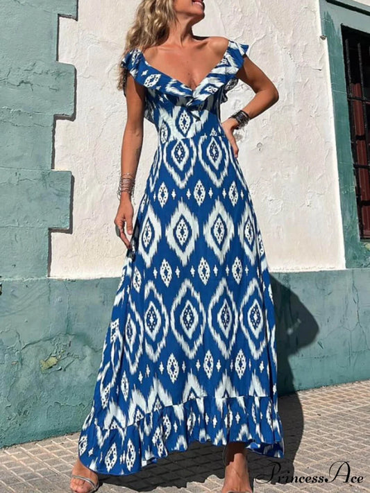 Ethnic Print Smocked Bust Graceful Ruffle Neck Maxi Dress