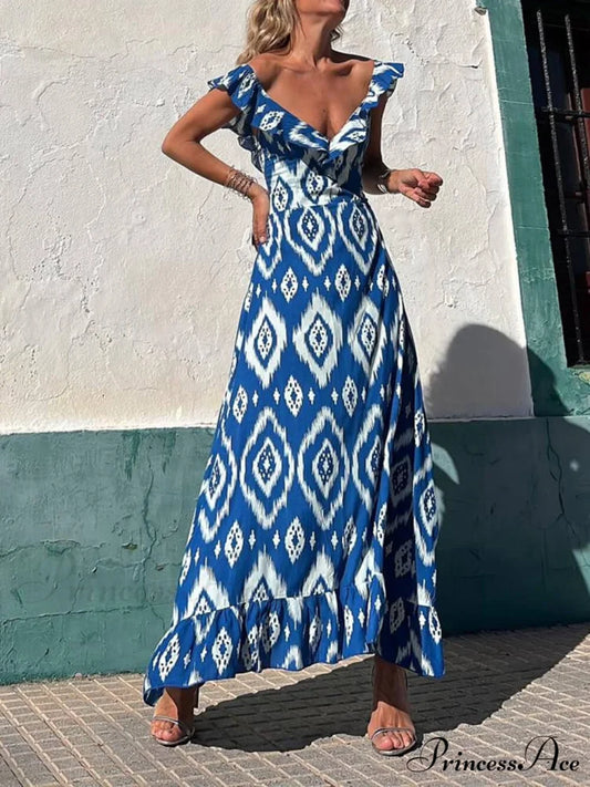 Ethnic Print Smocked Bust Graceful Ruffle Neck Maxi Dress Blue / S
