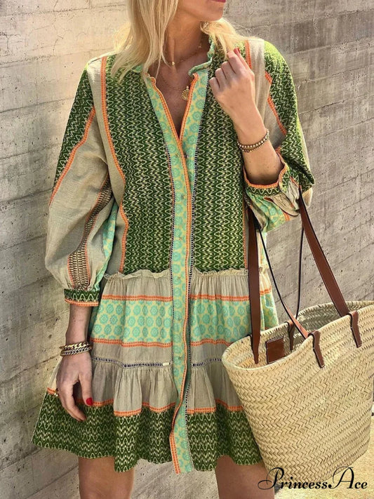 Ethnic Print Three-quarter Charming Sleeve Mini Dress Green / S