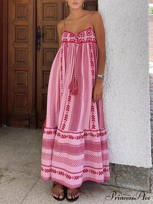 Ethnic Style Crochet Patchwork Graceful Knitted Slip Maxi Dress Pink / XS