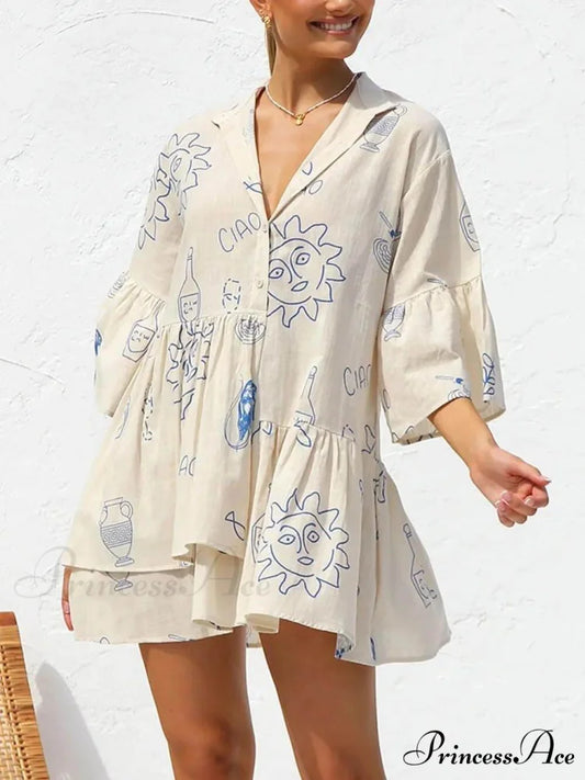 Ethnic Style Loose Charming Shirt Short Dress Blue / S