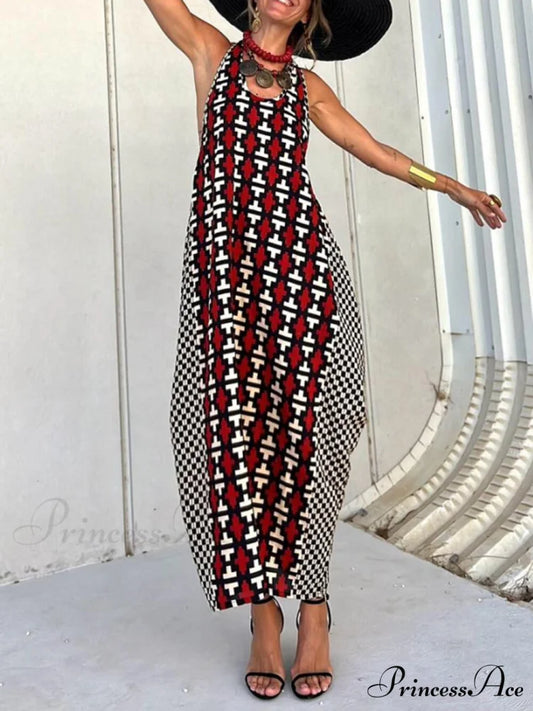 Ethnic Unique Print Lantern Graceful Cut Tank Maxi Dress Red / S