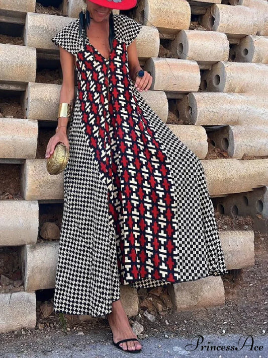Ethnic Unique Print Ruffle Graceful Sleeve A-line Maxi Dress Red / S