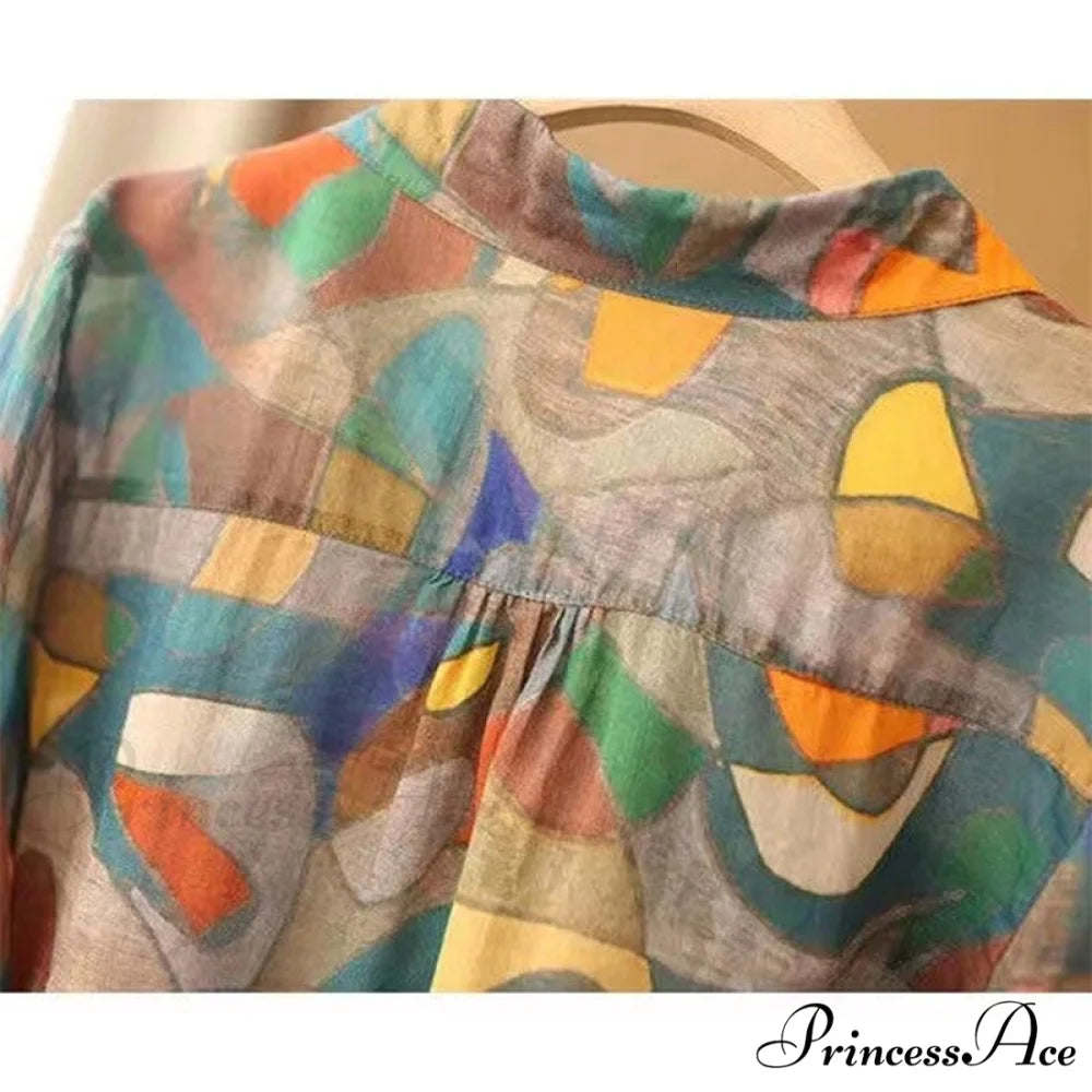 Ethnic Vintage Style Print Casual Blouses Shorts Sleeve / L