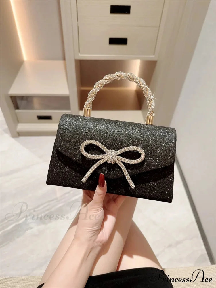European American Sparkling Bow Link Purse Black / (20cm clutchbag-250126