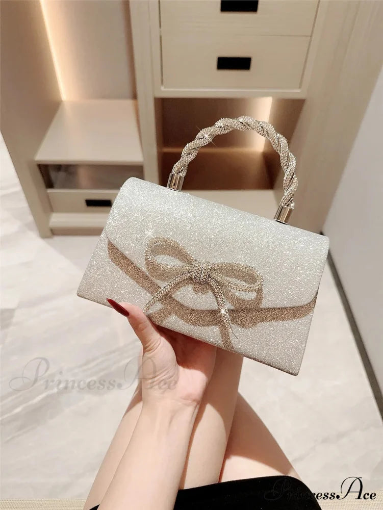European American Sparkling Bow Link Purse Silver / (20cm clutchbag-250126