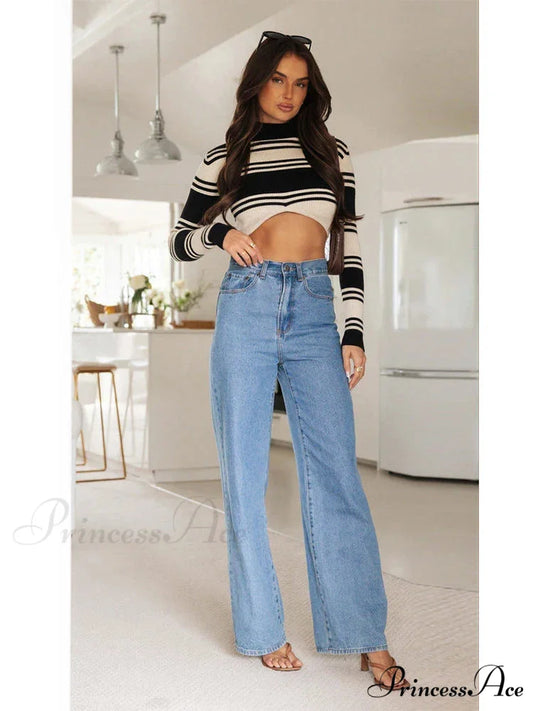 European and American Women’s Washed Fashion Long Basic Straight-leg Pants All-match for All Seasons Jean Blue / S