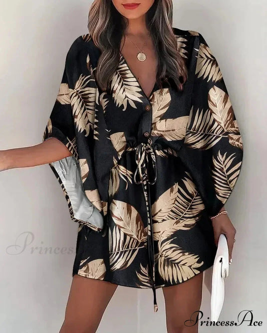 European Stylish Print V-neck Holiday Dress BLACK1 / S bohodress-250126