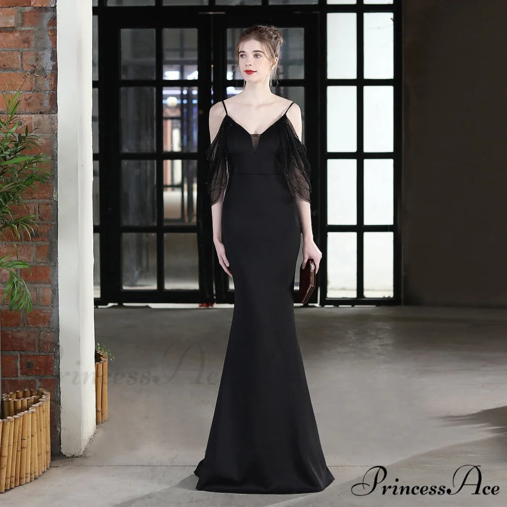 Evelyn V-Neck Off The Graceful Shoulder Mermaid Prom Dress BLACK / XS