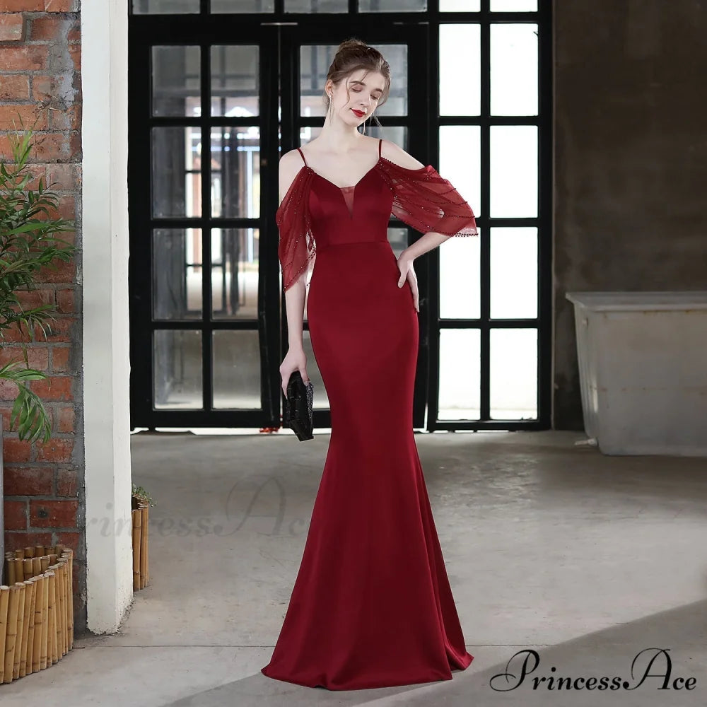 Evelyn V-Neck Off The Graceful Shoulder Mermaid Prom Dress BURGUNDY / XS