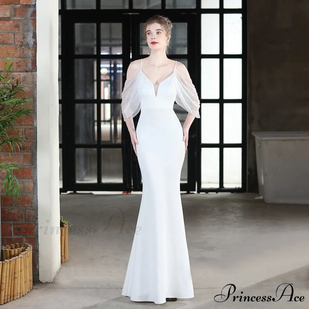 Evelyn V-Neck Off The Graceful Shoulder Mermaid Prom Dress WHITE / XS