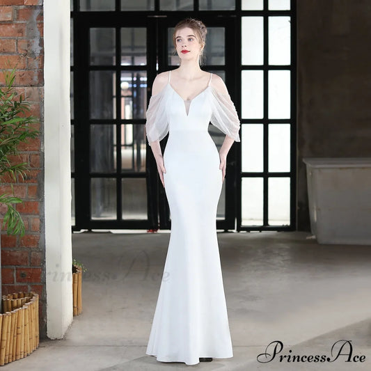 Evelyn V-Neck Off The Graceful Shoulder Mermaid Prom Dress WHITE / XS