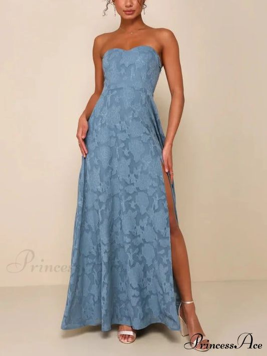 Evening Gown Strapless Slim Graceful Fit Slit Maxi Dress Blue / S