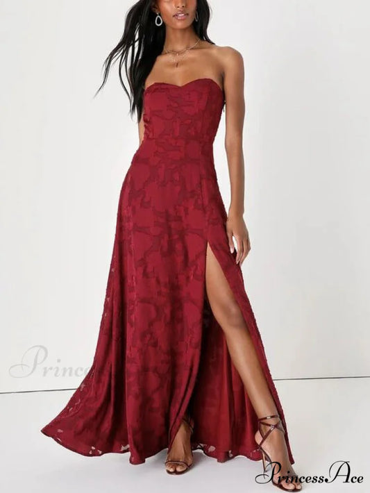 Evening Gown Strapless Slim Graceful Fit Slit Maxi Dress Red / S