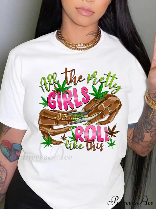 Every Day Tops Girls Hand & Letter Graphic Print Crew Neck Short Sleeve Women’s Clothing T-shirt WHITE / S