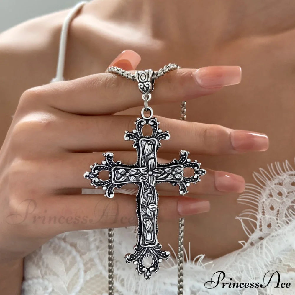 Exaggerated Gothic Silver Cross Hip-hop Sweater Necklace SILVER