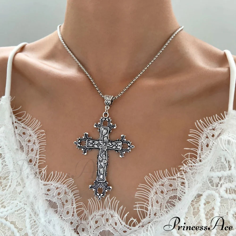Exaggerated Gothic Silver Cross Hip-hop Sweater Necklace SILVER