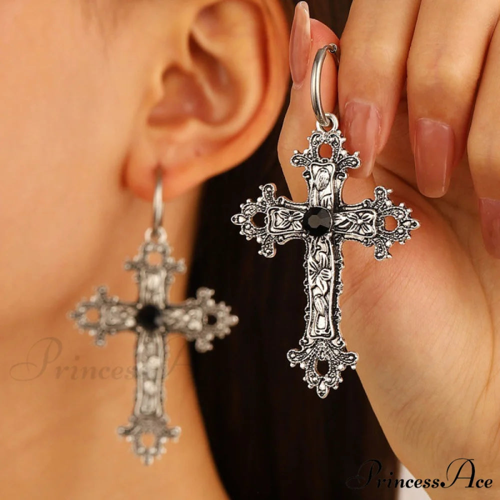 Exaggerated Gothic Silver Cross Hip-hop Sweater Necklace SILVER