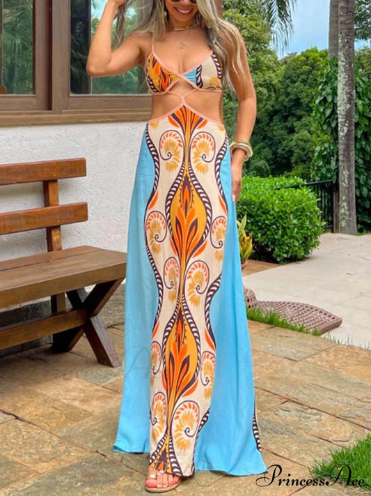 Exotic Summer Stylish Vacation Suspender Dress Blue / S