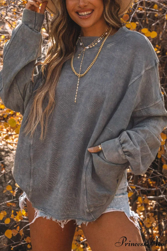 Exposed Twist Back Open Seam Oversized Gray Sweatshirt Gray / S / 80% Polyester + 20% Cotton
