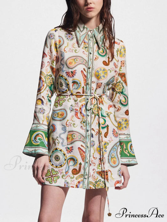 Exquisite And Printed Charming Trumpet Sleeve Mini Dress White / S