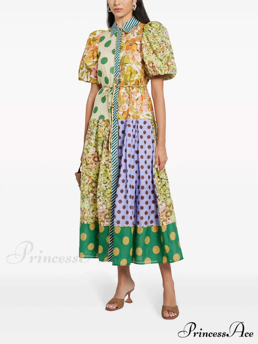 Exquisite Retro Floral Print Graceful Puff Sleeve Midi Dress Multicolor / S