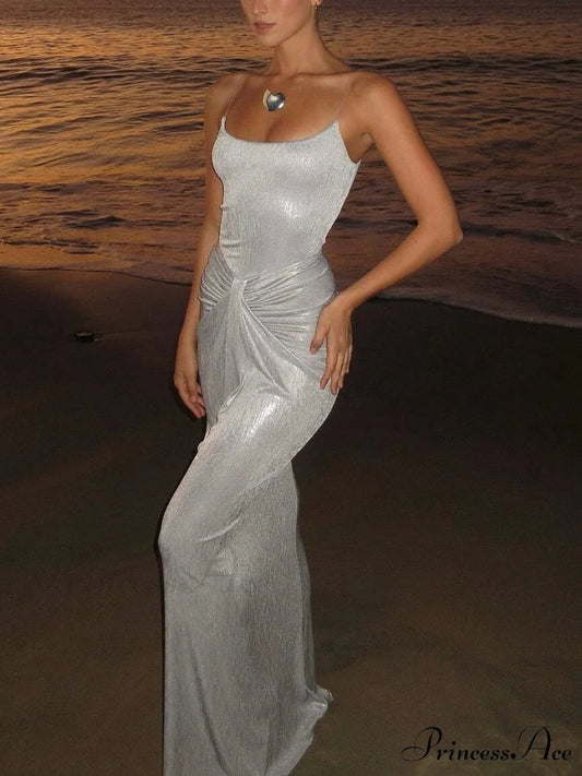 Exquisite Unique Light Charming Fabric Pleated Maxi Dress Silver / S