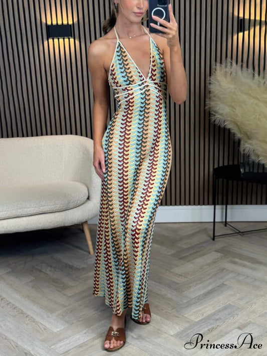 Exquisite V-Neck Crochet Charming Suspender Maxi Dress Multi-Color / S