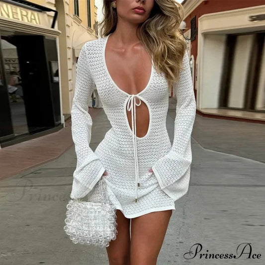 Extended Flare-Sleeve Lace Mini Dress White / S minidress-250223