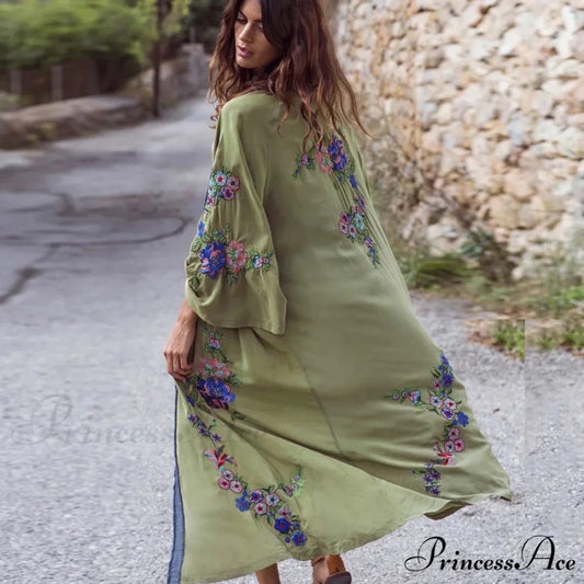 Extended Flower Stitch Beach Cover-Up Bohemian Cardigan army green / One Size bohoblouse-250126