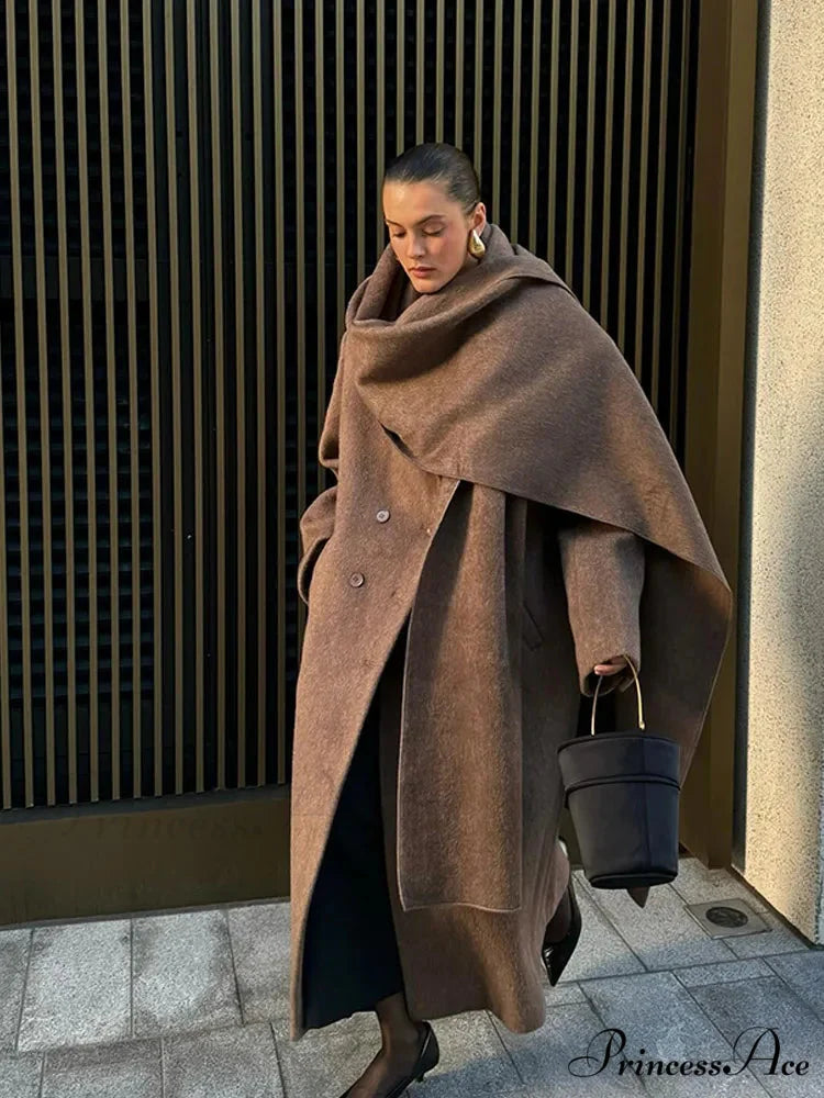 Extended Scarf Wool Mix Coat Brown / S coats-241228