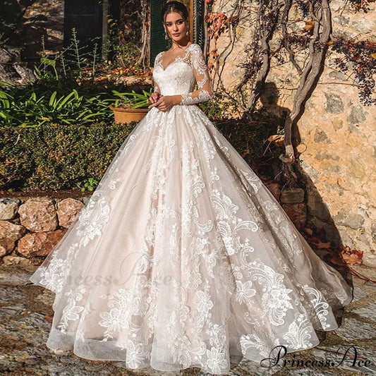 Extended Sleeve Lace Ball Gown Wedding Dress lvory white / 2 weddingdress-250223