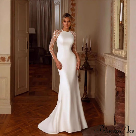 Extended Sleeve Lace Mermaid Bridal Wedding Gown white / 2 weddingdress-250223